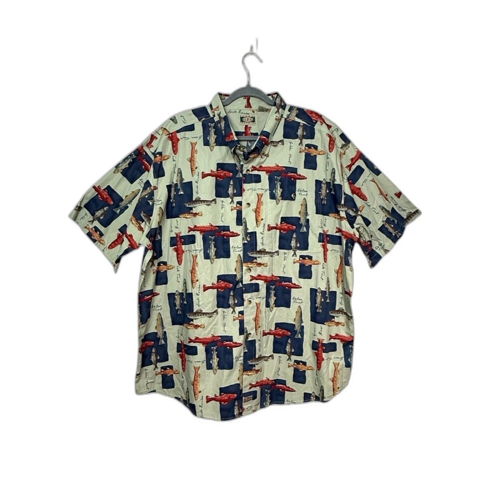 Global GPS Tracking Fish Print Button Down Shirt 2XL Gorpcore Outdoors AOP